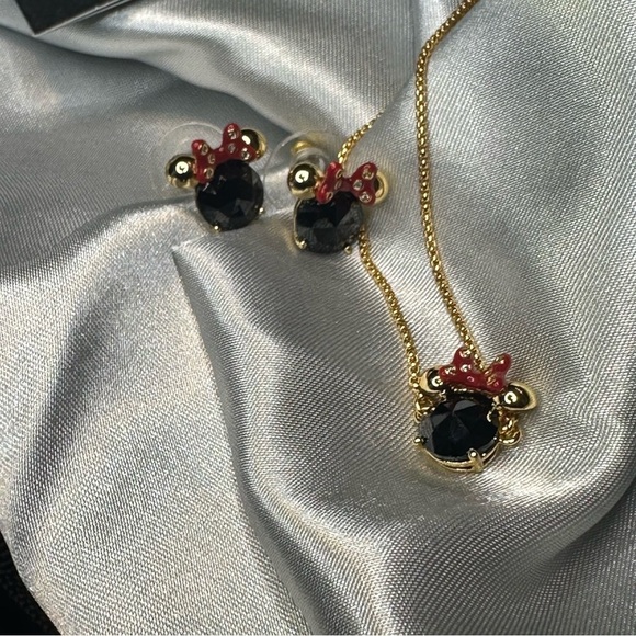 NWT Disney x Kate Spade Minnie Mouse Earrings & Necklace Set | Gold Black Red CZ - Picture 7 of 12